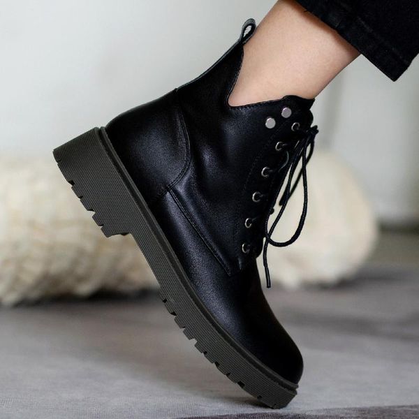 

boots women's genuine leather lace-up autumn ankle round toe rivet punk short motorcycle casual shoes women, Black