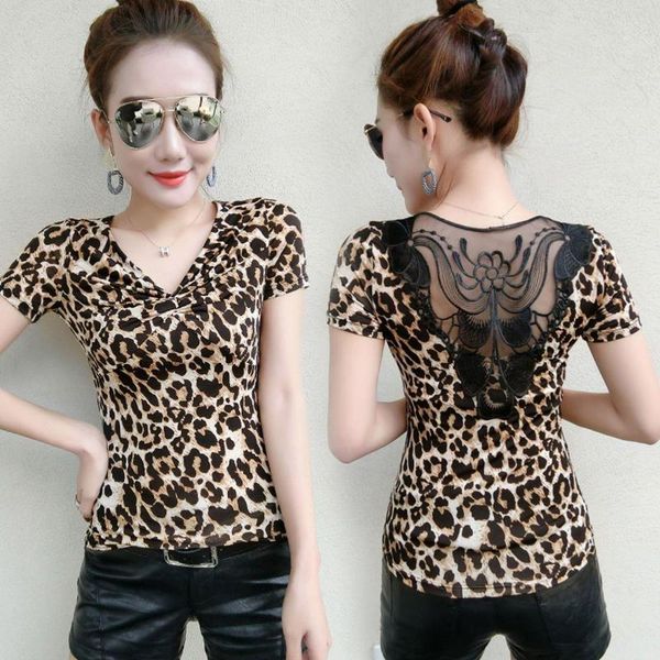 

women's t-shirt half sleeve female short beautiful back lace cut-out v-neck leopard print 2021 korean mini, White