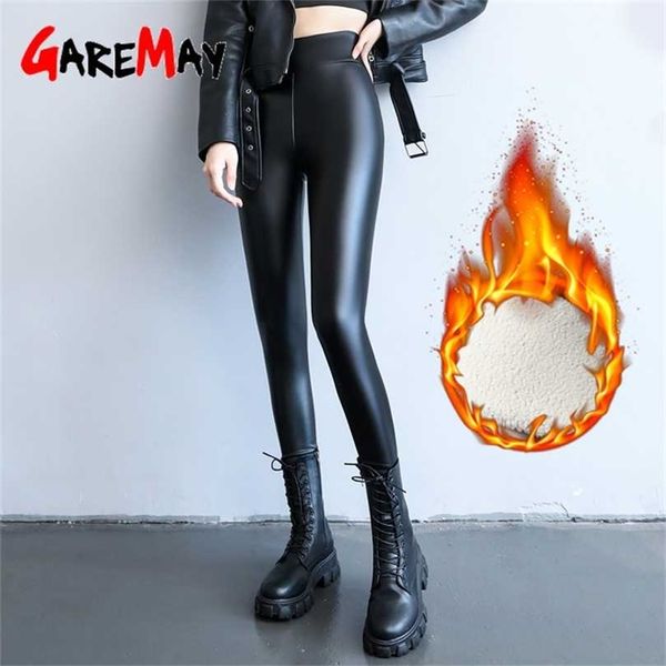 

warm high waisted faux pu leather leggings for women shiny winter pants velvet slimming women's seamless 211204, Black