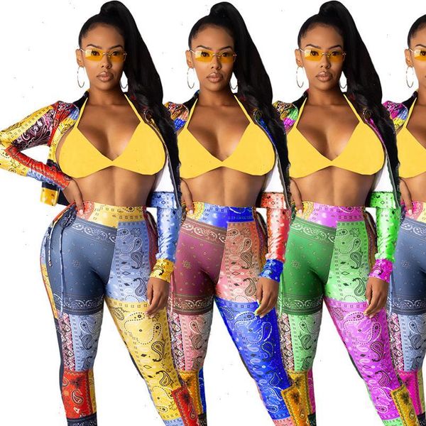 

womens tracksuits cm.yaya street bandanna print sweatsuit set zipper jacket flare slit pants active tracksuit two piece fitness outfit, Gray