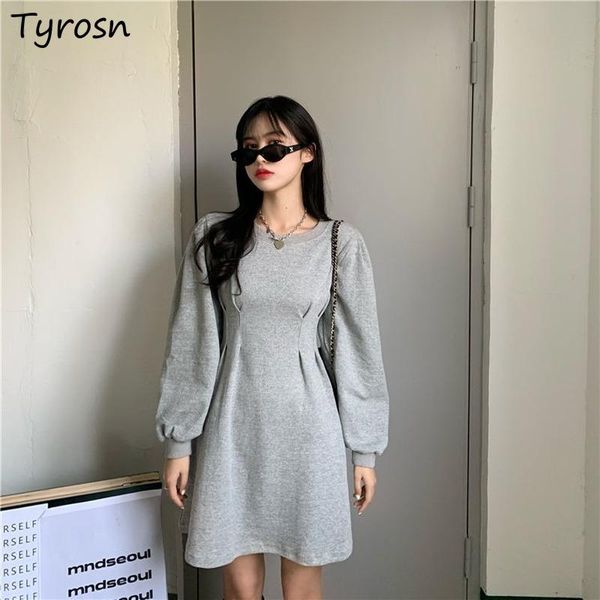 

casual dresses spring autumn high waist dress long lantern sleeve elegant mini a-line slender korean style fashion solid o-neck streetwear, Black;gray