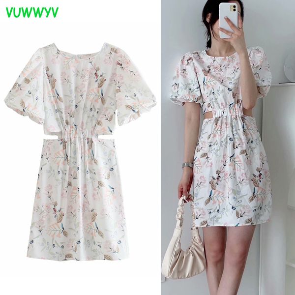 

vuwwyv white open waist print mini dress women summer vintage short puff sleeve woman dresses chic streetwear vestidos 210430, Black;gray