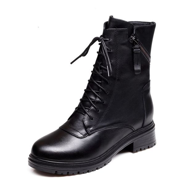 

boots womens fashion casual ladies split leather buckle lace up high heeled zipper mid calf shoes femme l0082 o1tg, Black