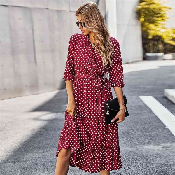 Damenkleid Frühling Casual Polka Dot Print Rüschen Urlaub Midi Sommerkleid Elegant V-Ausschnitt Gürtel Schnürung Rote Kleider für Damen 210522