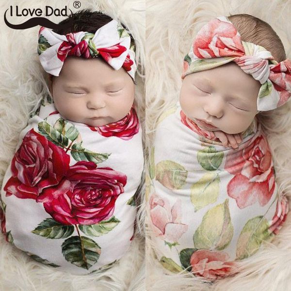 

blankets & swaddling 2pcs baby blanket headband set soft cotton born accessories receiving flower printed swaddle wrap pography props