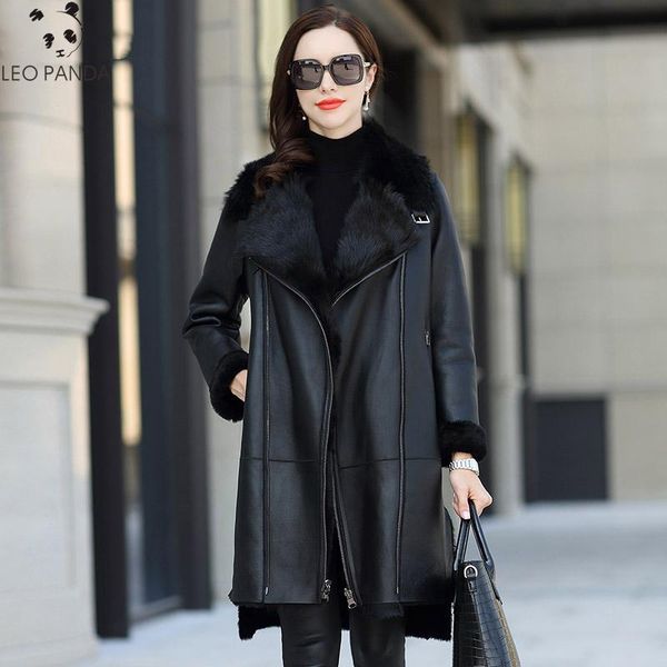 

women's fur & faux luxury double faced coat winter women natural wool jacket genuine sheepskin windbreaker, Black