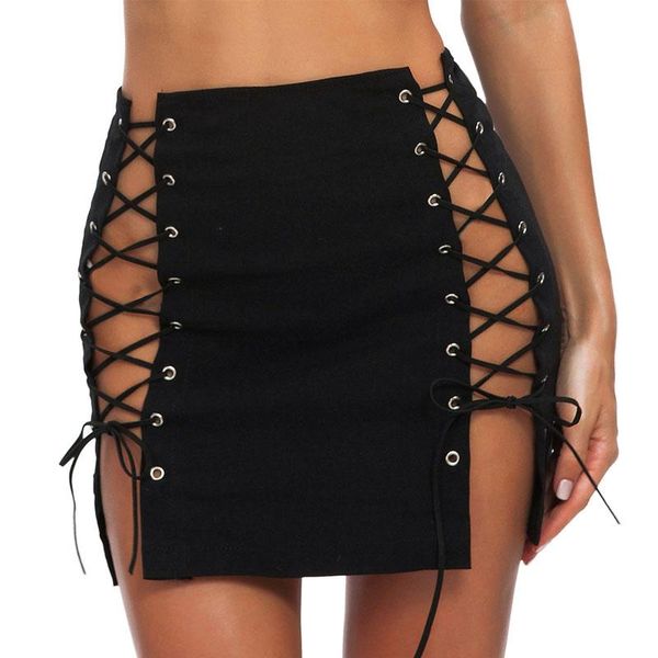 

skirts women's summer cowgirl skirt nightclub a-line high waist side adjustable drawstring rope washed tassel denim, Black
