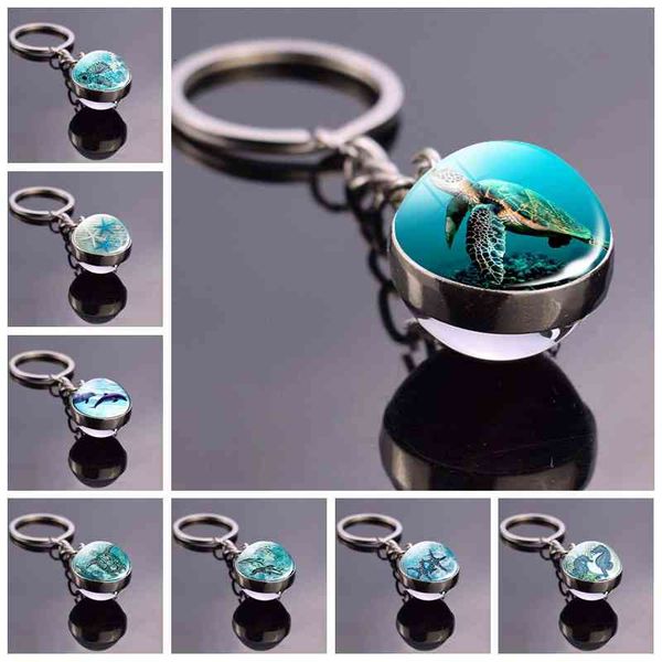 

keychains blue sea marine life jewelry turtle dolphin seashells key chain keyring glass ball keychain crystal pendant christmas gift, Silver
