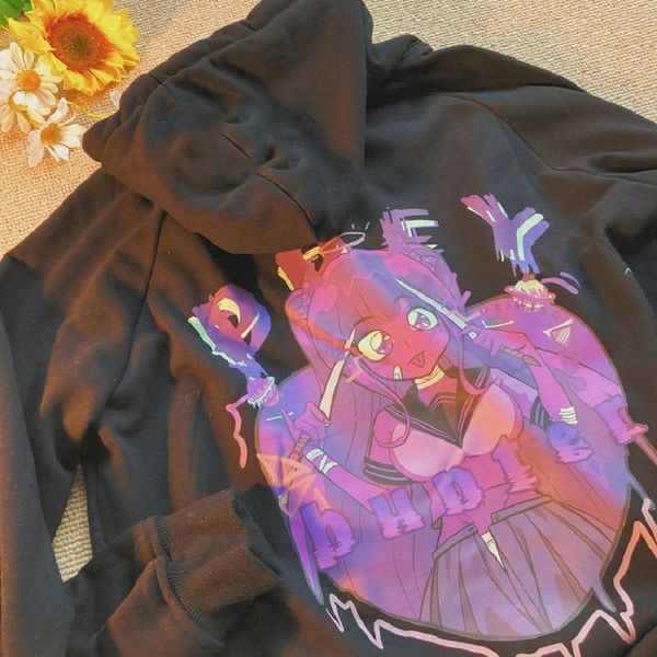

women's hoodies & sweatshirts vintage japanese cartoon print zip-up hoodie y2k punk casual kawaii sweatshirt fall gothic grunge streetw, Black