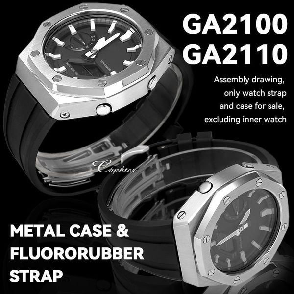 

watch bands ga2100 2nd generation modification accessories 316 stainless steel case fluororubber strap ga 2100 2110 metal rubber band, Black;brown
