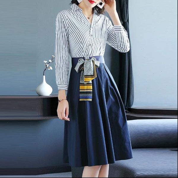 

autumn winter womwn stripe womens dress shirt office elegant patchwork a line bandage tunic dresses with sashes vestidos, Black;gray