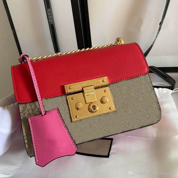 

designer handbags women shoulder bags genuine leather canvas material handbag letter golden chain decoration lady sweet unique, Black;red