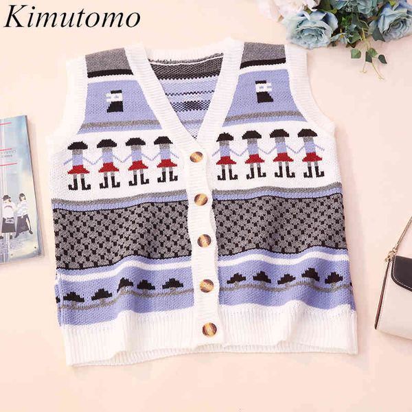 

kimutomo chic printing knitted vest girls preppy style spring v-neck sleeveless single breasted all-matching 210521, White
