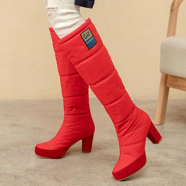 

boots winter women fashion stitching round head thick heel snow feather material warm red black shoes