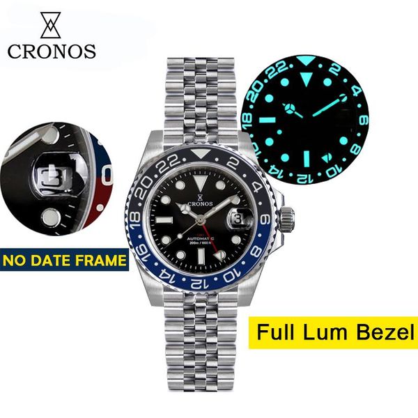 

wristwatches cronos gmt automatic men watch bidirectional bezel sapphire 20 atm solid 5 links metal bracelet bgw-9 lum, Slivery;brown