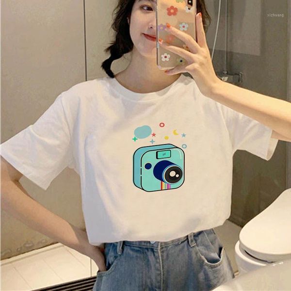 

women's t-shirt kawaii camera printed lady harajuku beautiful summer casual t-shirtfashion graphic cute cartoon tshirt tees, White