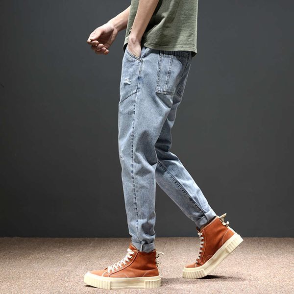 

men's jeans holed loose large brand young fat light color harlan capris fashion wtoo, Blue