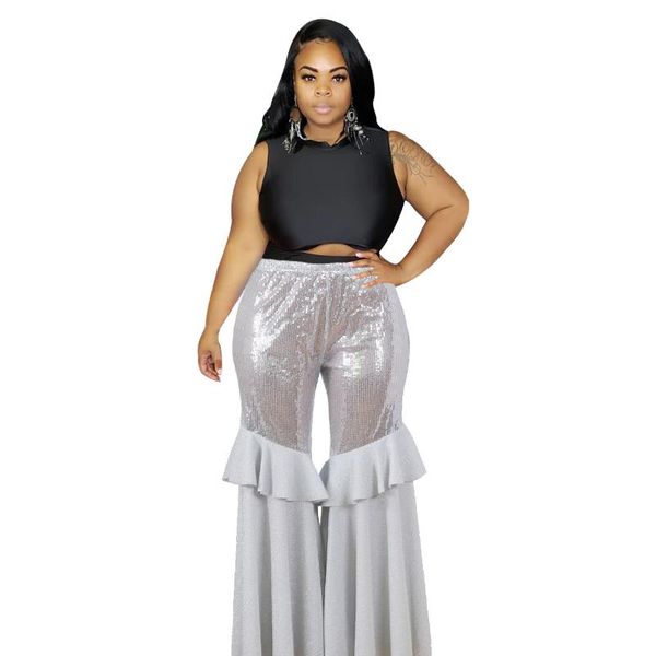 

women's pants & capris fashion casual with sequins glitter woman wide leg elastic waist wrap women trousers ruffles palazzo, Black;white