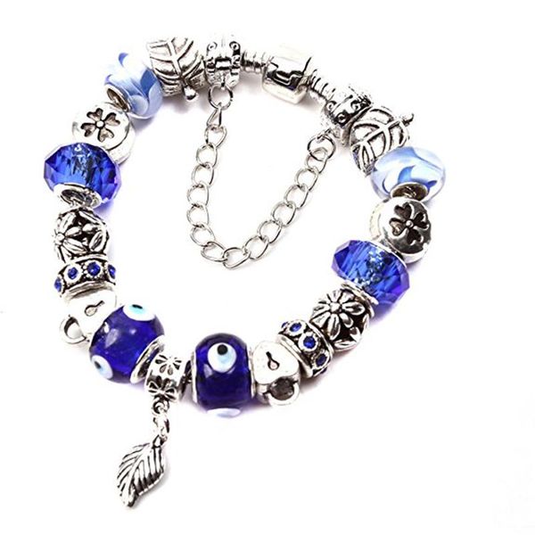 

beaded, strands silver european charm bracelets royal blue murano glass beads and leaf jewelry findings 7.9inch, Black
