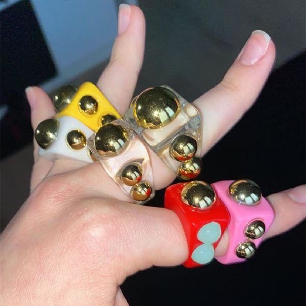 

designer rings 2021 new golden bead transparent resin acrylic square for women friends couple jewelry trendy travel, Golden;silver