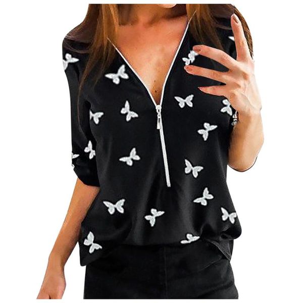 

women's blouses & shirts women ladies plus size butterfly print zipper long sleeve v-neck pullover autumn elegant brief blouse, White