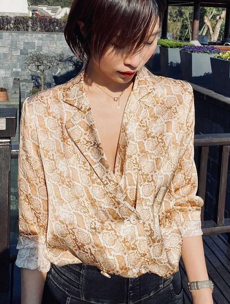 

women's suits & blazers ladies silk 100% python print long sleeve notched collar blazer with pockets - 2021 latest female stylish casua, White;black