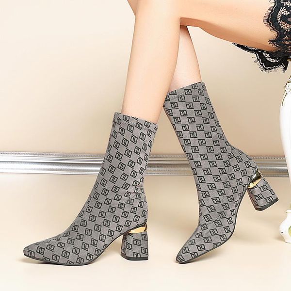 

boots high heeled fashion thick heel mid-calf women's middle 2021 autumn winter plush black pointed elastic