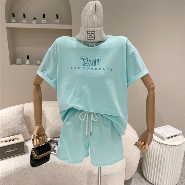 

pants set of two female summer pieces 2021 niche fashion design letter around the neck short sleeve shirt + cord leg shorts, White