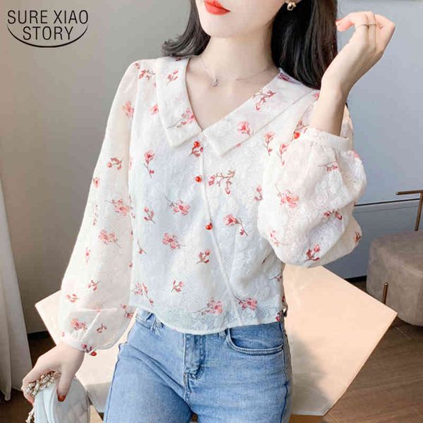 Camisa de renda de outono elegante manga comprida v-pescoço chiffon blusa senhoras top moda coreana impressa mulheres blusas 11048 210508