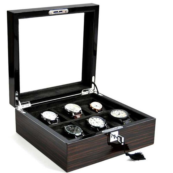 

luxury clamshell wooden baking varnish square lock watch box 6-digit black window jewelry display storage boxes & cases, Black;blue