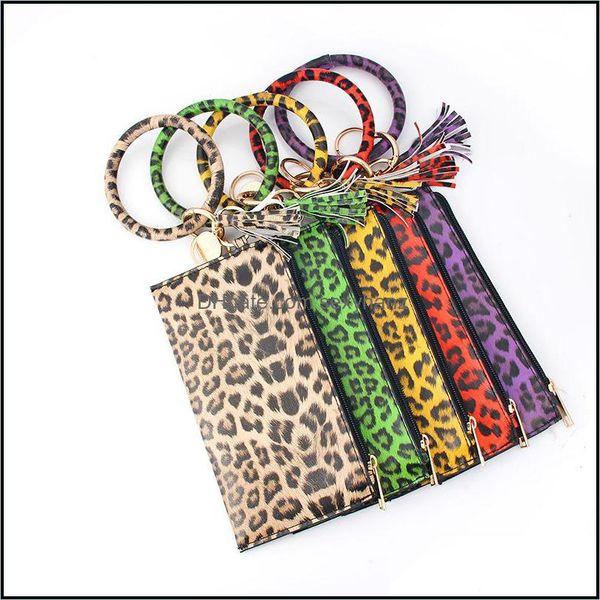 

key rings jewelry s1143 women girls leopard pu leather bracelet ring bangle keyring circle keychain wristlet keyrings with wallet purse drop, Slivery;golden