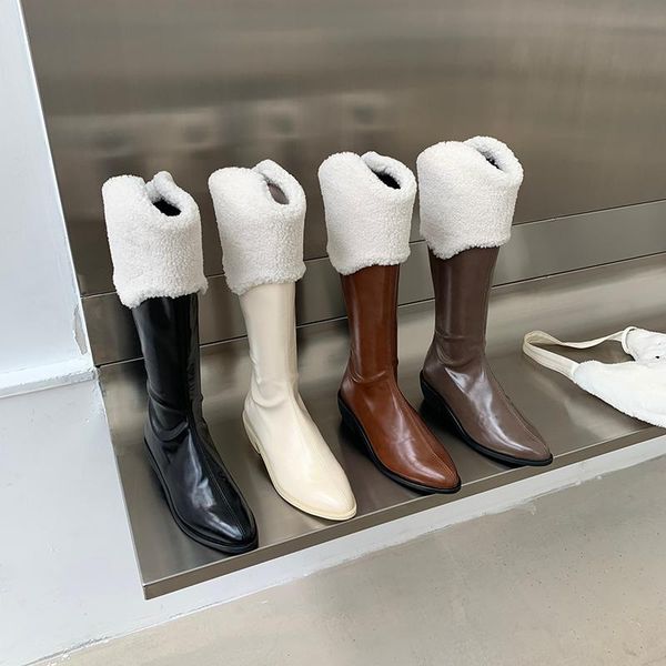 

boots round toe women knee high booties short plush winter side zipper black/beige/brown/khaki flats heeled woman