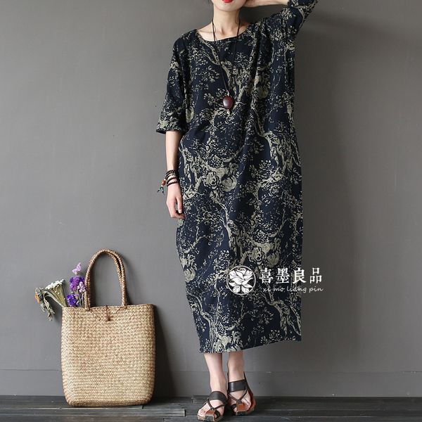 

dresses 083 hi ink summer wash robe cotton hemp print loose size women's dress, Black;gray