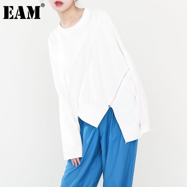 

[eam] women white irregular zipper big size t-shirt round neck long sleeve fashion spring autumn 1db54500 210512, White;black