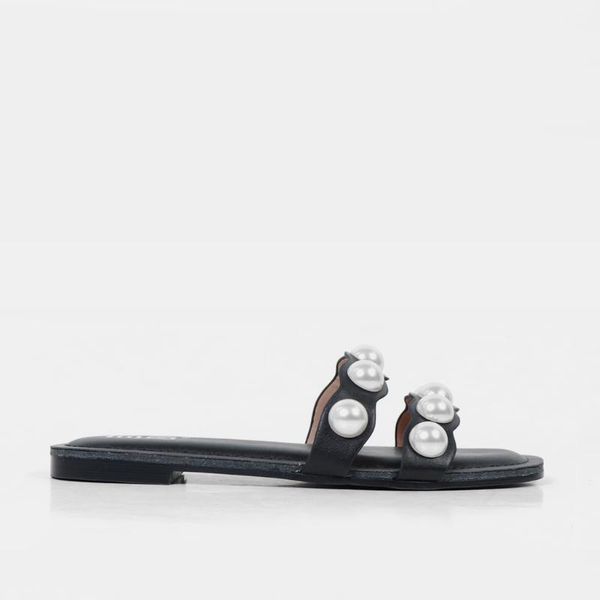

slippers women pearl slides flat casual outside, Black