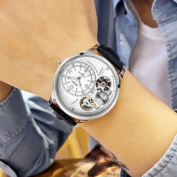 

wristwatches megir black leather strap mens watches waterproof sports casual men quartz chronograph for man male clock, Slivery;brown