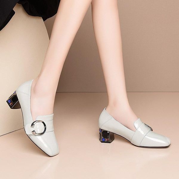 

dress shoes 2021 autumn thick heel square head deep-mouth thin pure leather plus-sized comfortable semi-high heeled women's, Black