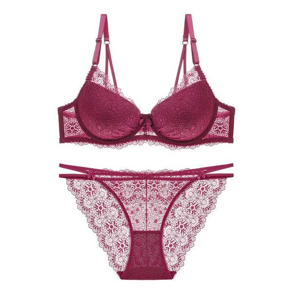

bras sets cotton push up bra absolute luxury lace red wine under the thin thick underwear suit is female, Red;black