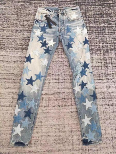 

men's jeans men fabric stars appliques distressed skinny blue