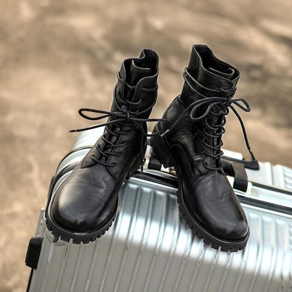 

boots genuine mapi thick heel women lace up british style female round toe lace-up short ankle, Black