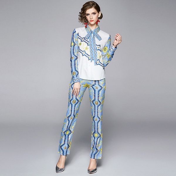 

arrive spring fashion designer runway suit set women's long sleeve vintage print bowknot + pants two piece set 210514, White