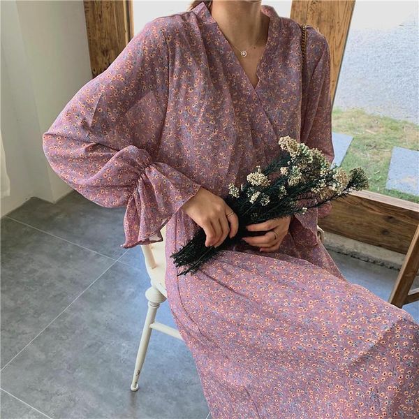 

casual dresses autumn korean midi broken flowers chiffon dress long sleeve elegant vestidos pleated women plus size high street, Black;gray