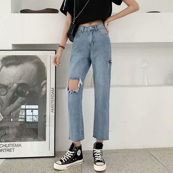 

women's jeans yaya broken hole female summer blue baggy beggar straight pants students high waisted slim capris 3x3q