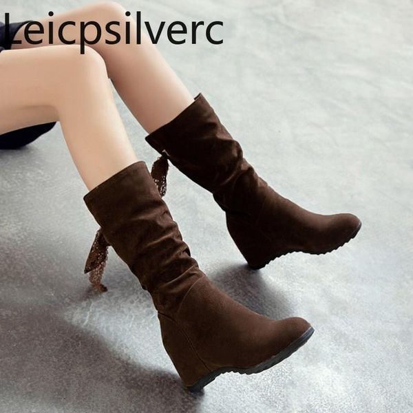 

women's boots autumn and winter fashion lace round head internal increase mid heel middle tube shoes plus size 33-43, Black
