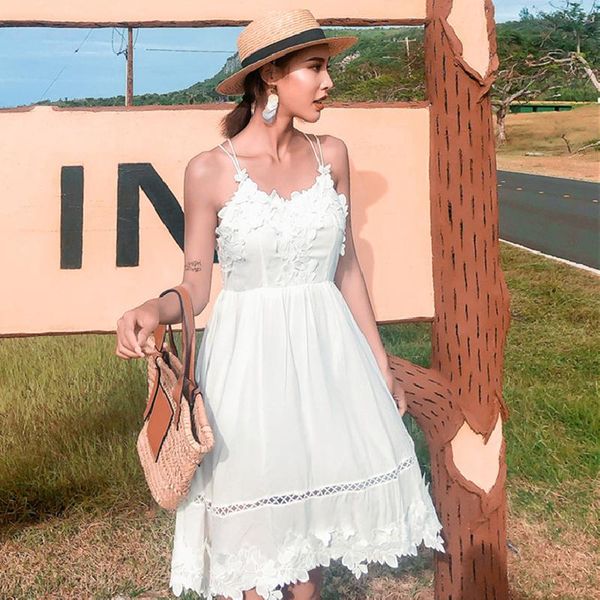 

korean vintage strap short beach dress summer women high waist white lace sundress elegant female backless party vacations casual dress, Black;gray