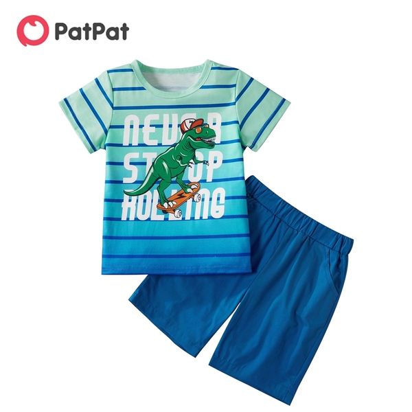 

arrival 2pcs toddler boy cotton short-sleeve letter dinosaur striped toddler's sets 210528, White