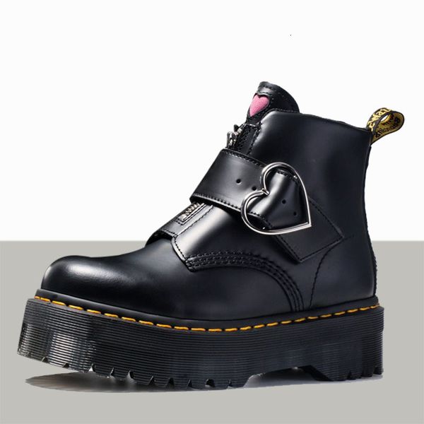 

dress shoes peach heart medium-sized women's leather buckles short boots girl fashion tight british thick 1knb, Black