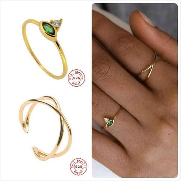 

dainty 925 sterling silver rings for women gold crystal zircon girl green gem stone anillos female cross r5 cluster, Golden;silver