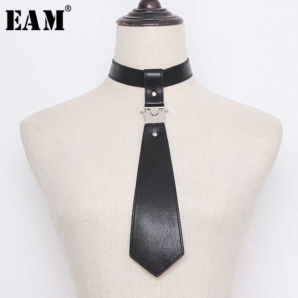 

[eam] pu leather black metal split joint cool neck tie personality women fashion tide all-match spring autumn 2021 1y078, Blue;purple