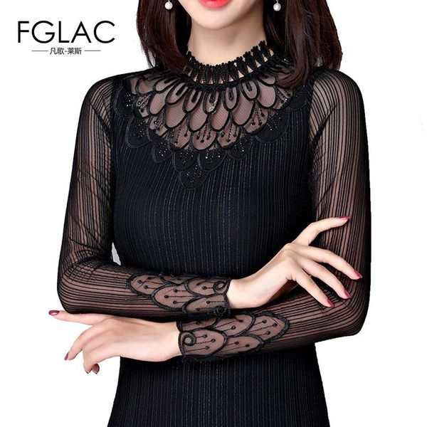 

women's blouses & shirts fglac women shirt elegant slim long sleeve hollow out mesh fashion casual diamonds blouse plus size blusas, White